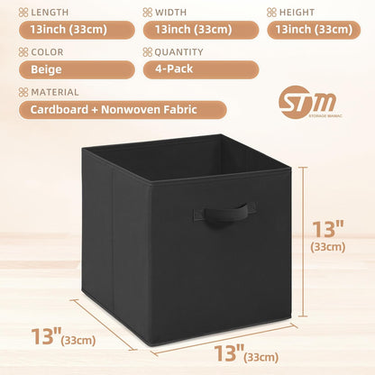 Storage Maniac Storage Cubes - 13-Inch Collapsible Bins with Handles | 4-Pack Durable Black Fabric Bins for Organization