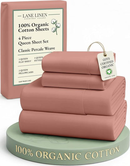 **Lane Linen 100% Organic Cotton Queen Sheets - Eco-Friendly, Mercerized Bedding Set in Rose Dawn**