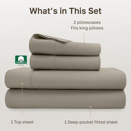 California Design Den King Size Bed Sheets Set - 100% Cotton, Silky Smooth Sateen, Deep Pockets, Taupe