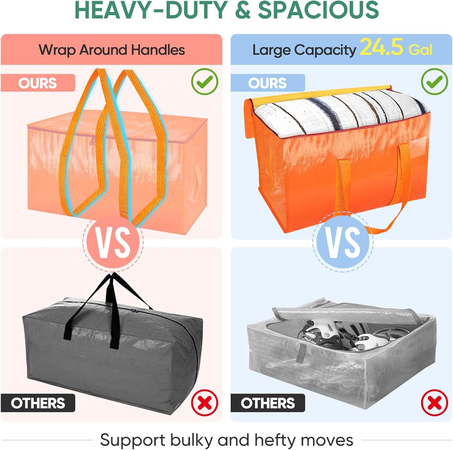 BALEINE Heavy-Duty Oversized Moving Bags - 4-Pack Storage Totes with Reinforced Handles | Orange