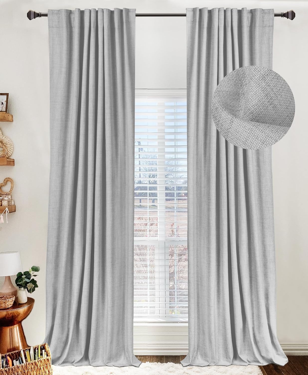 Skiennix 100% Blackout Linen Curtains - Thermal Insulated Drapes for Bedroom | 50" W x 90" L, Grey
