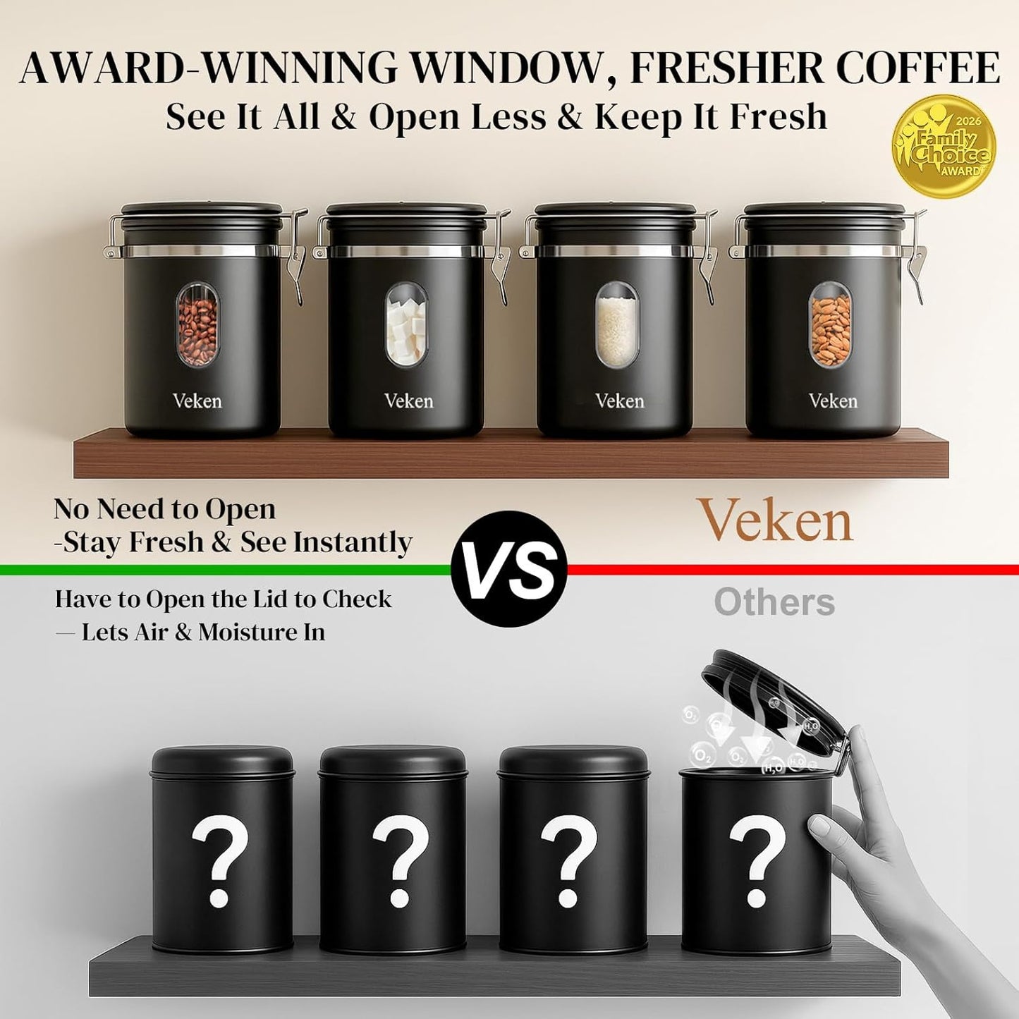 Veken Coffee Canister - Airtight Stainless Steel Storage with Window & Date Tracker | 16oz Black