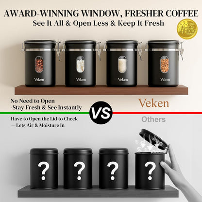 Veken Coffee Canister - Airtight Stainless Steel Storage with Window & Date Tracker | 16oz Black