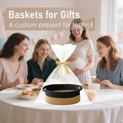 JMvicyroam Woven Basket - Small Rope Storage Bin with Handles for Organizing Shelves | Black & Jute, 3-Pack