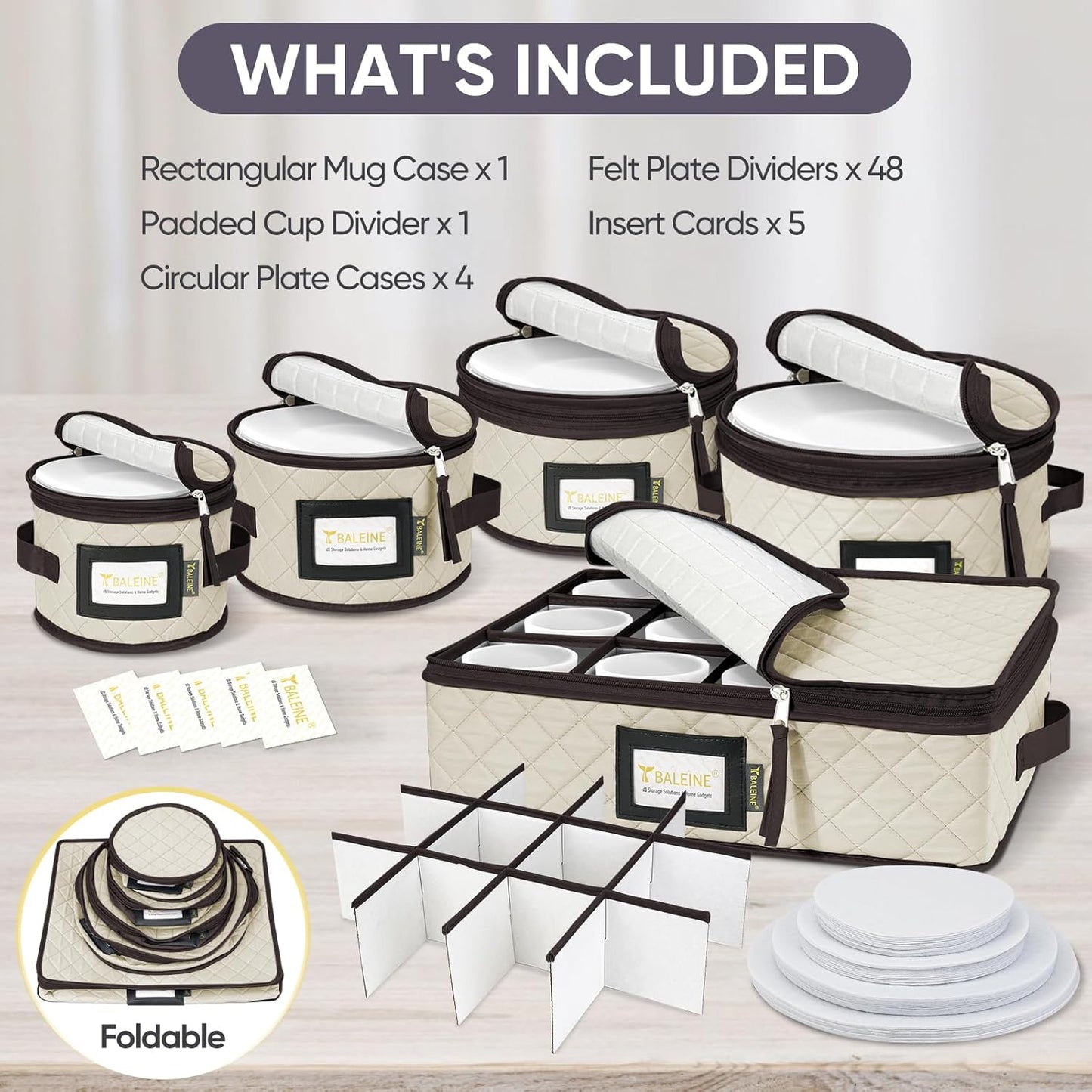 BALEINE Quilted Wine Glass Storage Containers - Sturdy Plate Organizer with Carry Handles | Soft Shell Cream