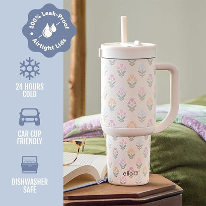 Ello Oasis 30oz Stainless Steel Water Bottle - Stylish Flower Quilt Design