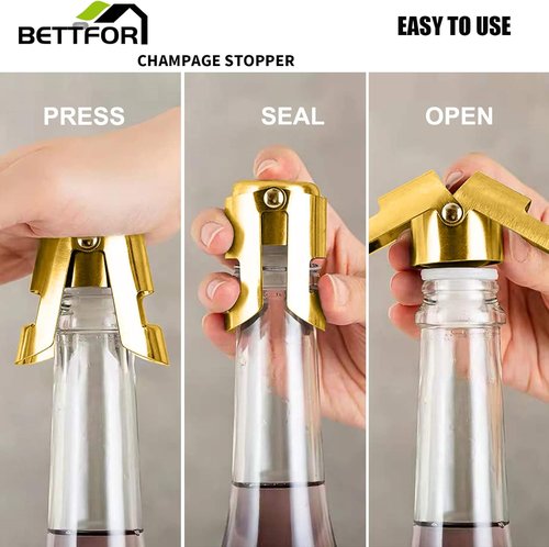 Champagne Stoppers with Stainless Steel Champagne Saver with Food Grade Silicone Leak proof Keep Fresh Suitable for Champagne, Cava, Prosecco and Sparkling (Gold, 3 Pack)