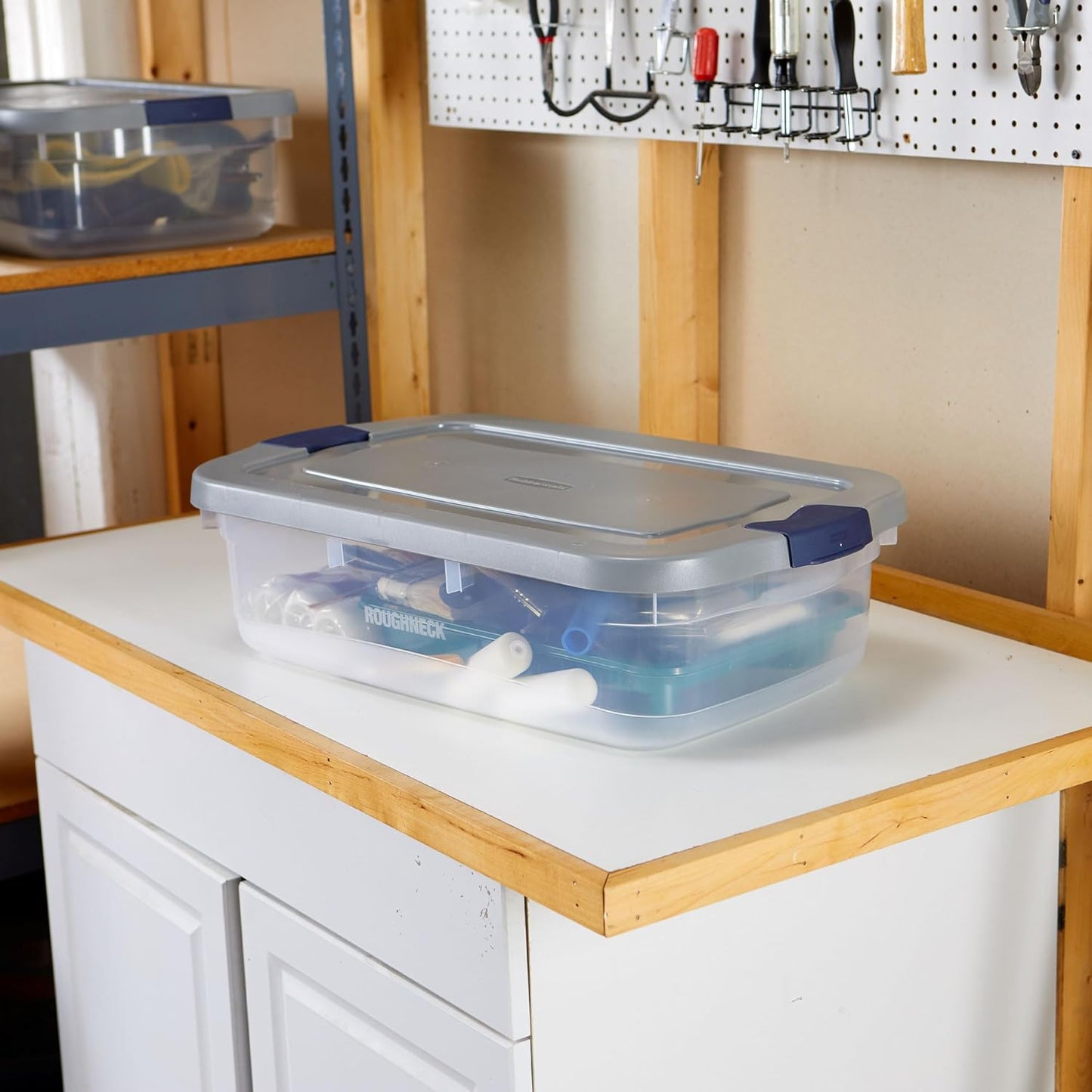 Rubbermaid Roughneck 31 Qt Clear Storage Containers - Pack of 6 with Snap-Fit Grey Lids | Sturdy & Stackable