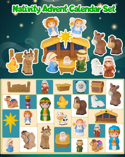 Nativity Advent Calendar 2025 - Christmas Story Playset for Kids | 25-Piece Nativity Scene Toys for Ages 1+