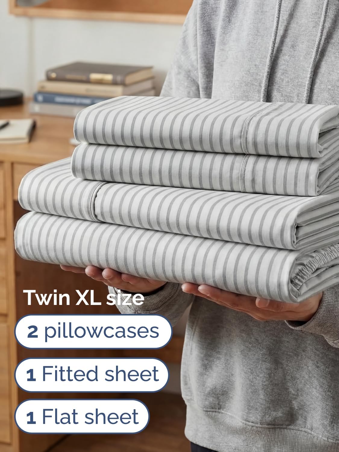 Skiennix Extra Deep Twin XL Sheet Set | 4-Piece Breathable Cooling Bedding - Soft, Wrinkle-Free Grey Stripes