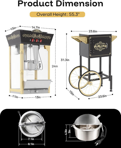 Skiennix 12oz Retro Popcorn Machine - Professional Movie Theater Style with Warming Deck | Black & Gold