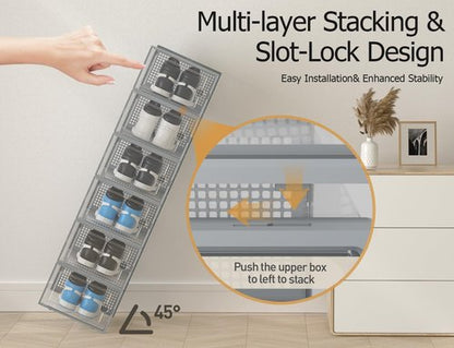 Kuject Shoe Storage Boxes - XX-Large Clear Plastic Organizers, Stackable 12-Pack for Closet & Under Bed, Grey