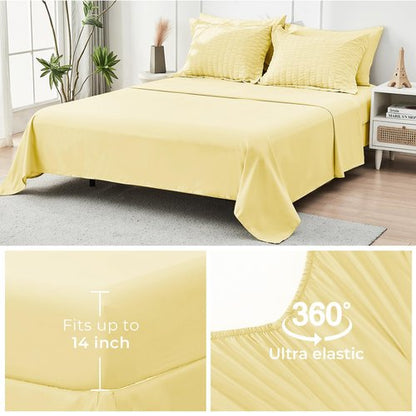 HYMOKEGE Yellow Full Size Comforter Sets Seersucker 7 Pieces, All Season Luxury Bed in a Bag for Bedroom, Bedding Set with Comforter, Sheets, Pillowcases & Shams