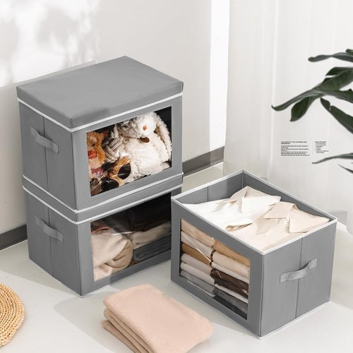 Homsorout Storage Bins - 4 Pack Large Fabric Organizing Cubes with Lids & Handles | Grey