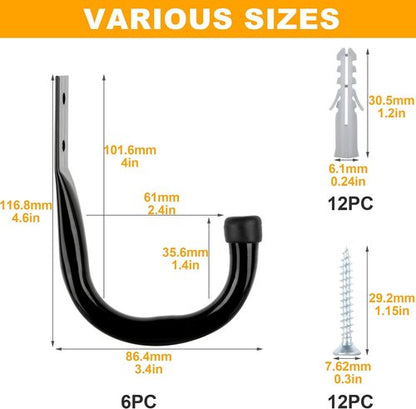 KURUI Heavy Duty Garage Hooks - 14Pcs J-Shape Carbon Steel Wall Mount Storage Hooks | Black for Home & Garden
