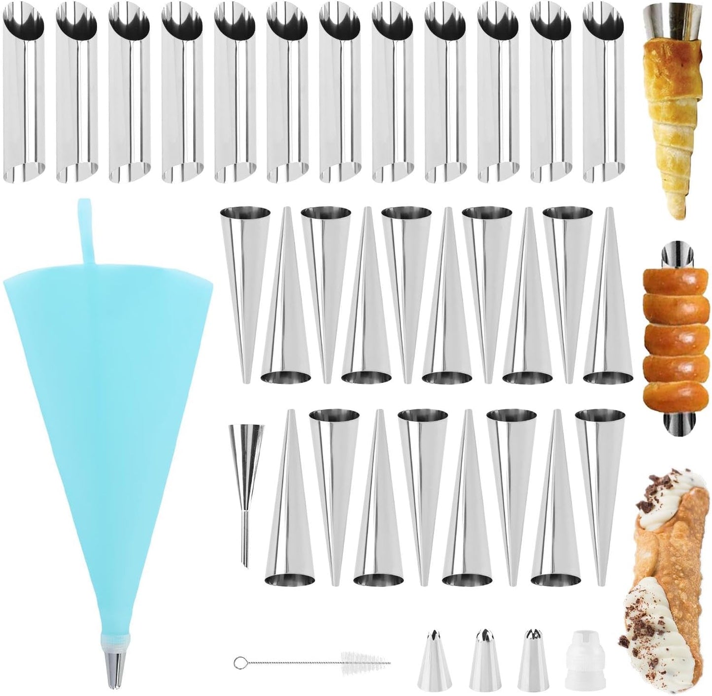 Skiennix 35-Piece Cream Horn Molds - Non-Stick Baking Tubes for Cannoli & Danish Pastry | Silver