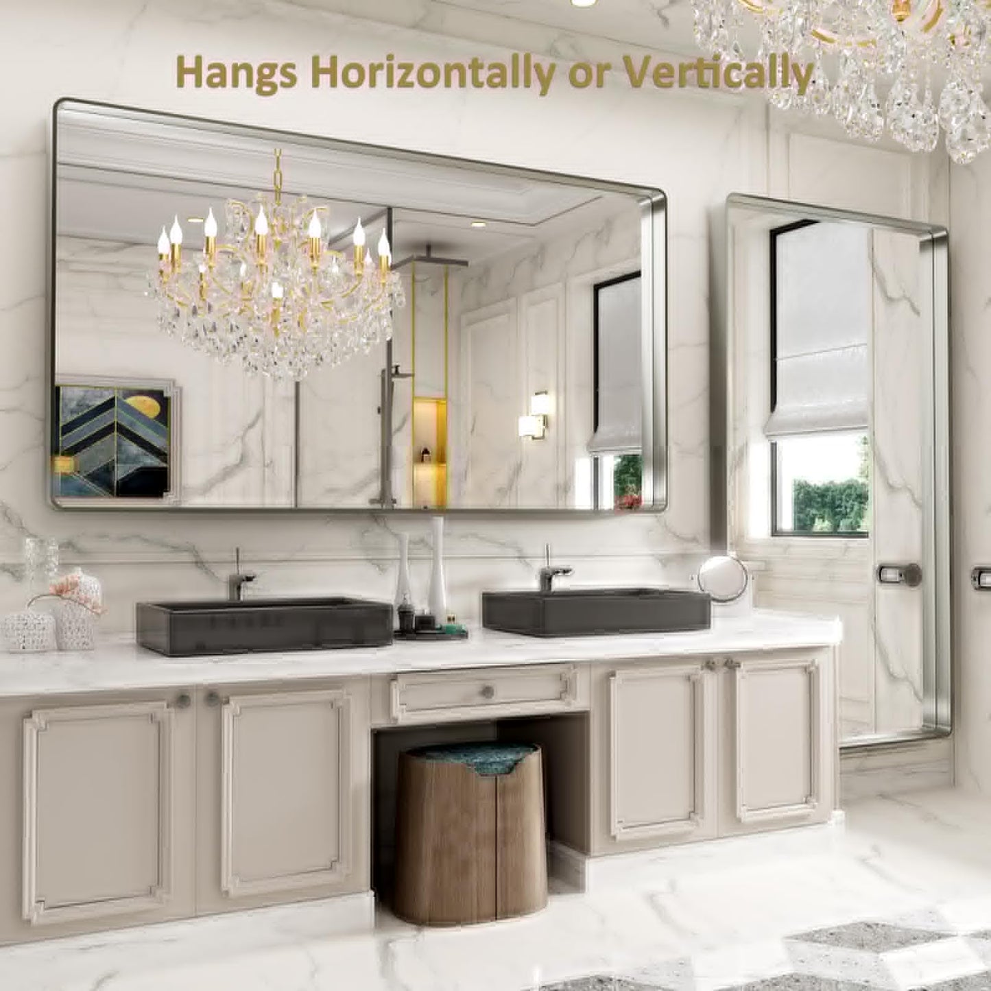 LOAAO 77X36 Inch Brushed Nickel Bathroom Mirror, Rounded Rectangle Silver Metal Frame Mirror, Brushed Nickel, Anti-Rust, Hangs Horizontally or Vertically