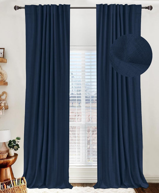 Skiennix 100% Blackout Linen Curtains - Thermal Insulated Drapes, 50" W x 108" L, Midnight Blue, 2 Panels Set