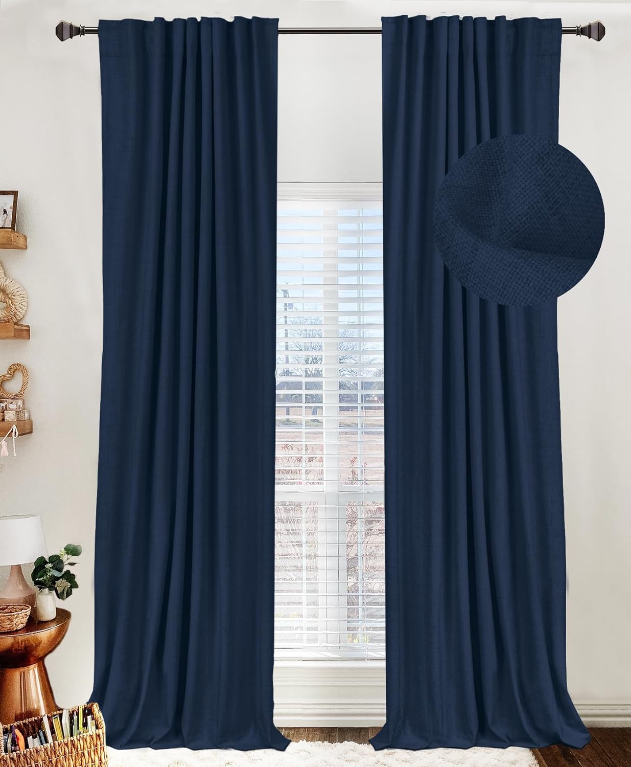 Skiennix 100% Blackout Linen Curtains - Thermal Insulated Drapes, 50" W x 102" L, Midnight Blue - 2 Panels Set