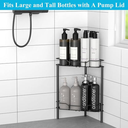 HuggieGems Corner Shower Caddy Organizer - 2 Tier Floor Standing Shelf with Hooks | Black Bathroom Storage