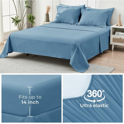 HYMOKEGE Mineral Blue California King Comforter Set Seersucker 7 Pieces, All Season Luxury Bed in a Bag for Bedroom, Bedding Set with Comforter, Sheets, Pillowcases & Shams