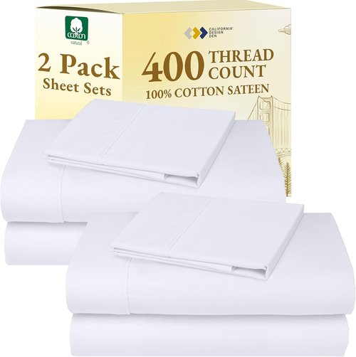 California Design Den Twin XL Sheet Sets - 400 Thread Count 100% Cotton Sateen - Soft & Breathable, Bright White