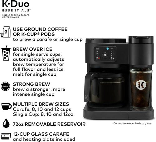 K-Duo Essentials Coffee Maker - Hot & Iced Brewing with 12-Cup Carafe, 72 oz Reservoir, Pause & Pour Feature