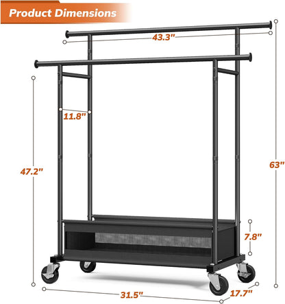 Skiennix Double Rod Clothing Rack - Heavy Duty Rolling Garment Rack with Storage Basket | Black