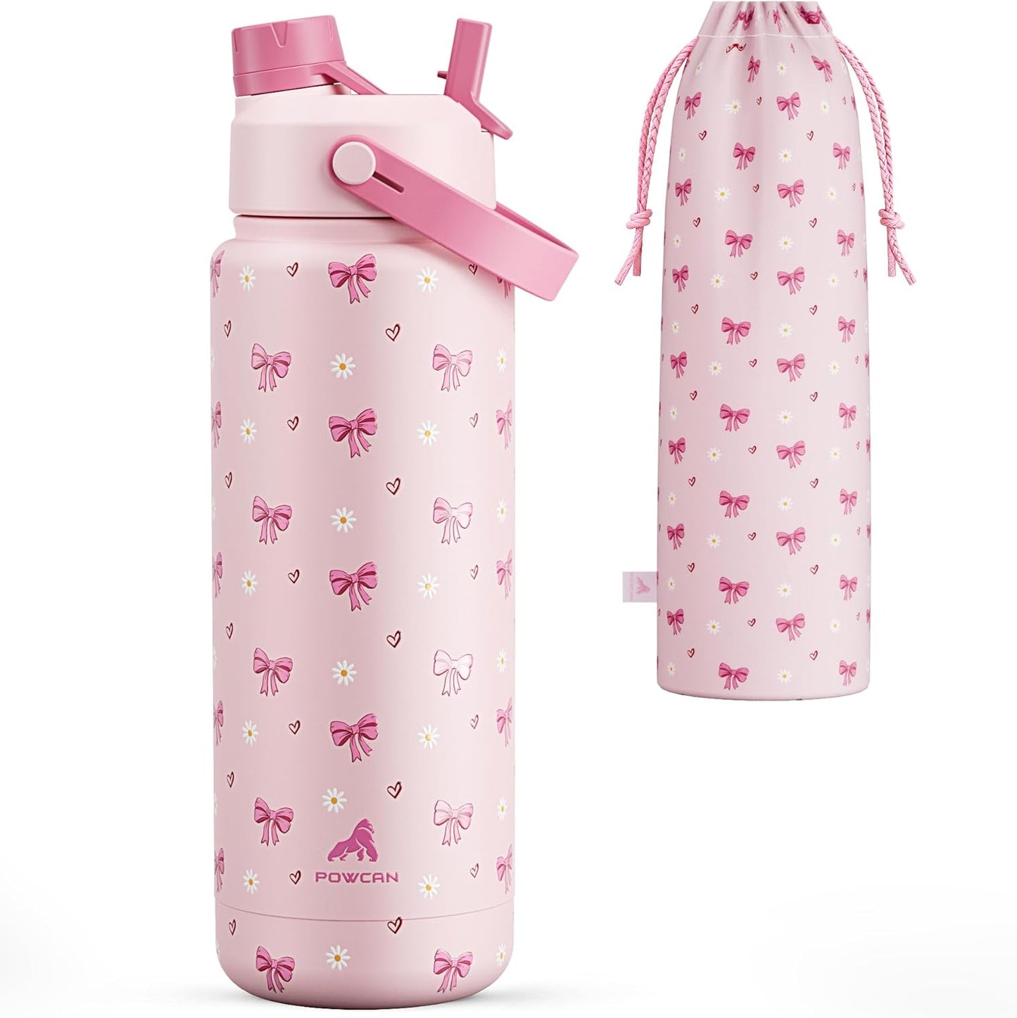 POWCAN 32 oz Insulated Water Bottle - 2-in-1 Straw & Spout Lid, Leak-Proof, BPA-Free, Bow Crush Design