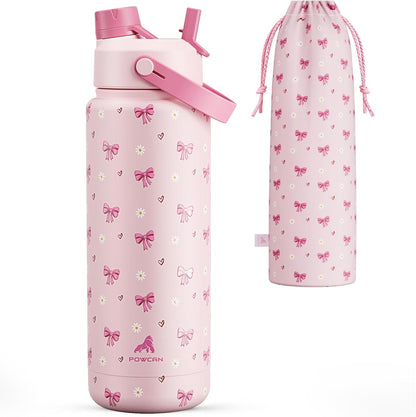 POWCAN 32 oz Insulated Water Bottle - 2-in-1 Straw & Spout Lid, Leak-Proof, BPA-Free, Bow Crush Design