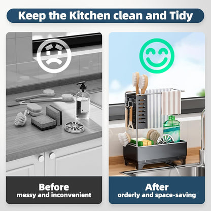 Skiennix Kitchen Sink Caddy - Rustproof Sponge Holder with Brush & Dishcloth Rack | Black