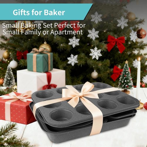 Grey Marble Nonstick Baking Pans Set by [Brand Name] - 5 Piece Stackable Carbon Steel Bakeware with 100 Cupcake Liners for Home Baking