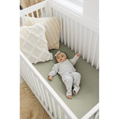 Konssy Muslin Crib Sheets for Boys, Soft Cotton Neutral Baby Sheets for Standard Crib Mattress 2 Pack, 52"x28" (Fog Green,Cream)