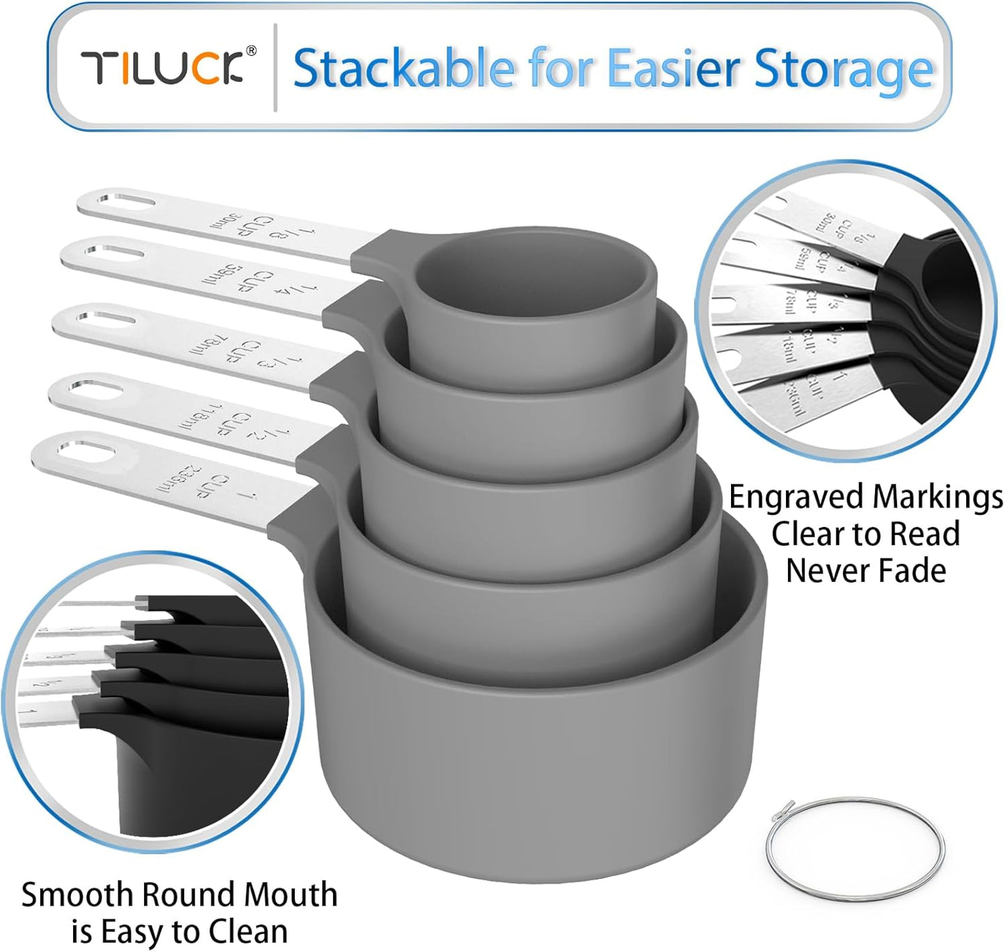 TILUCK Measuring Cups & Spoons Set - Stackable Kitchen Gadgets with Stainless Steel Handle | Gray