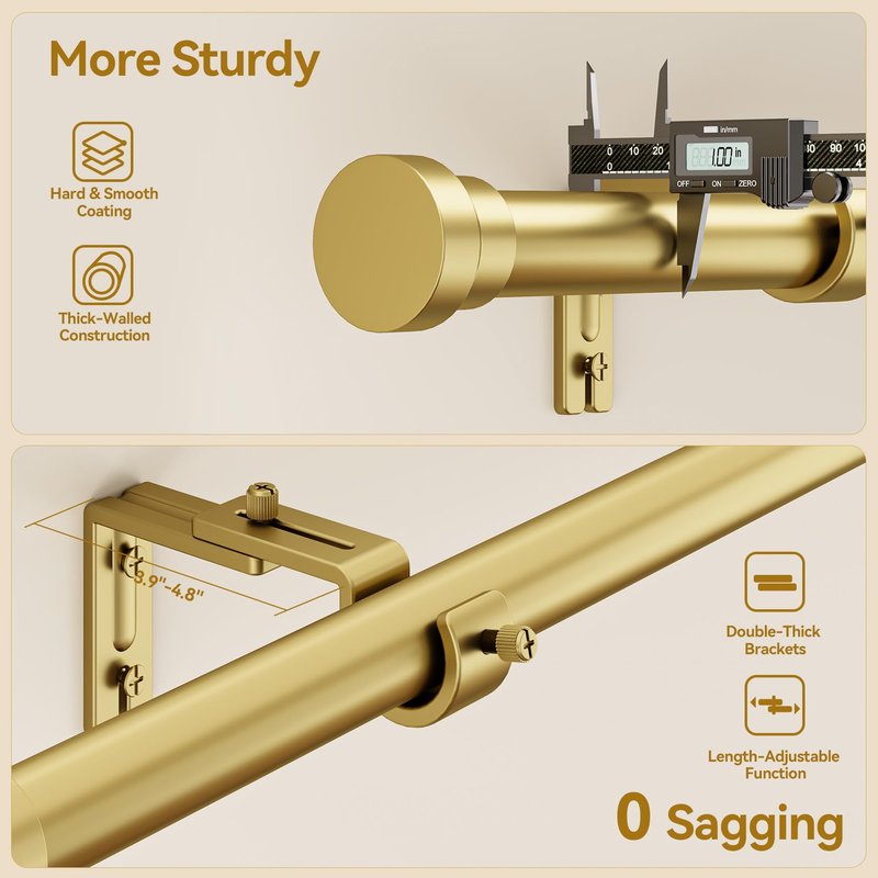 YaFex Curtain Rods 2 Pack 32-144 Inch, Heavy Duty 1 Inch Curtain Rod, Gold Extra Long Adjustable Window Treatment Rods, Modern Design, Easy Installation