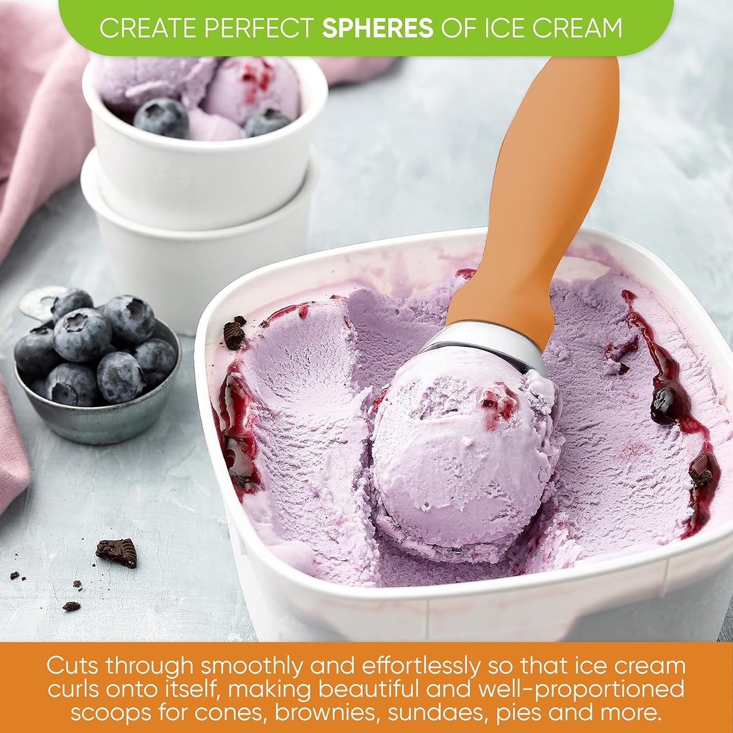 Spring Chef Metal Ice Cream Scoop - Heavy Duty Soft Grip Handle for Gelato & Sorbet | Set of 2 - Mango