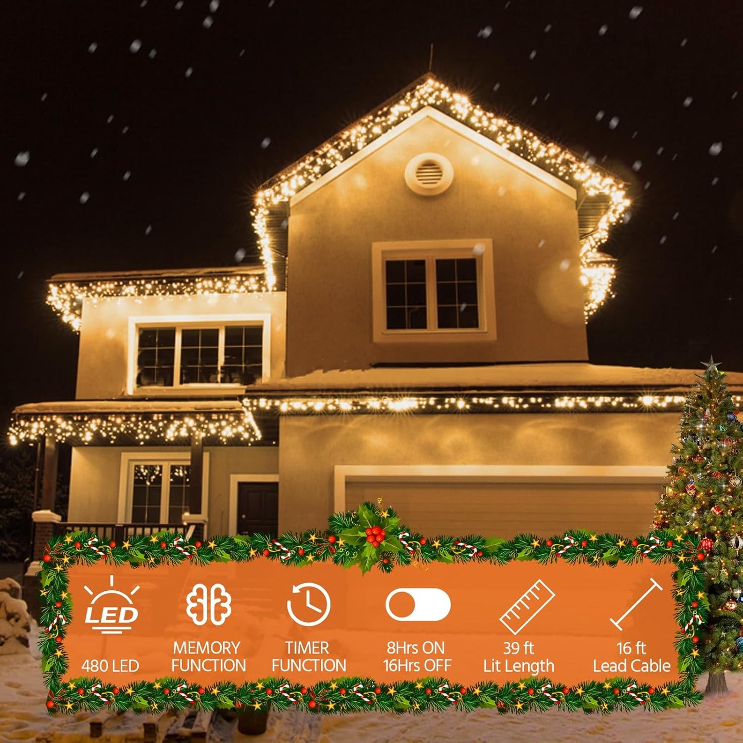 USOKYO Icicle Christmas Lights - 480 LED 39FT Twinkle String Lights with 96 Drops & Timer | Warm White