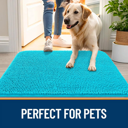 OLANLY Dog Door Mat - Absorbent Non-Slip Chenille Mat for Muddy Paws | Quick Dry 44x32 Aqua Blue