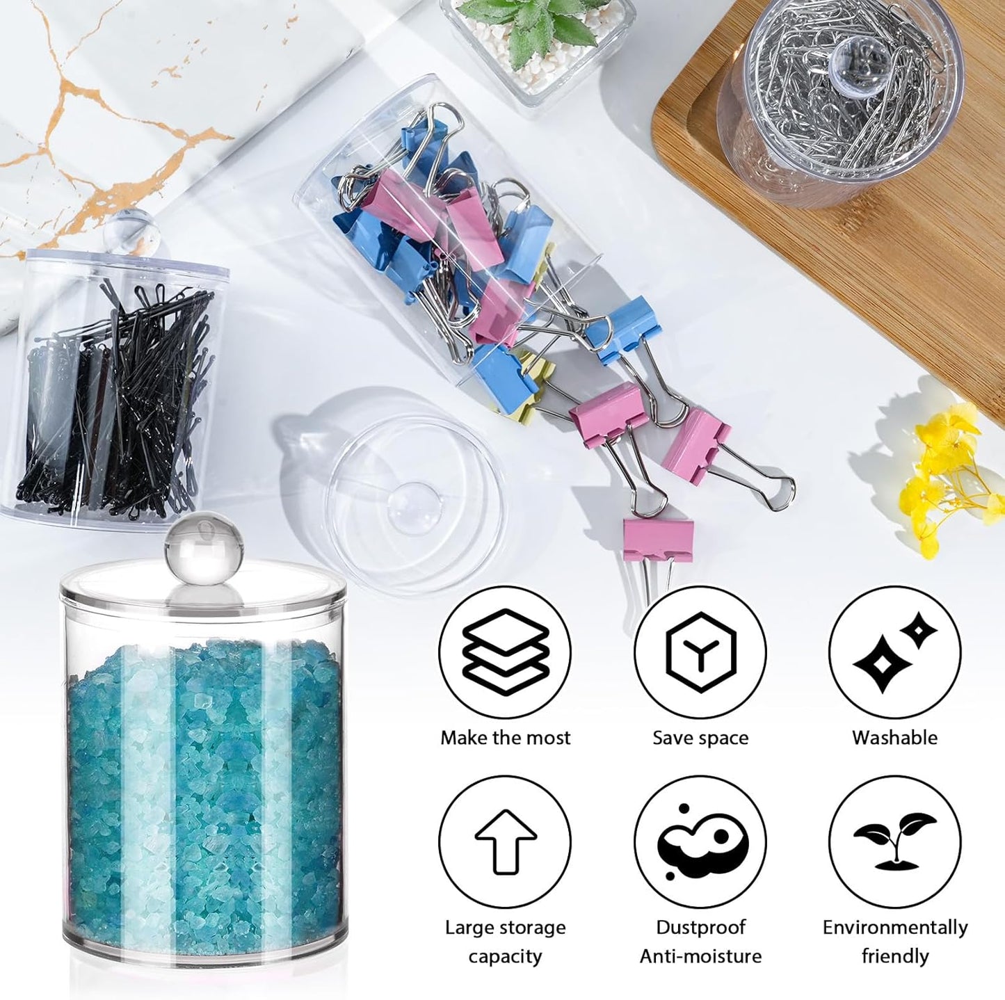 XIPENGKEJI Qtip Holder Set - 6 Pack Apothecary Jars with Lids for Cotton Swabs & Pads | Clear 10oz-12oz