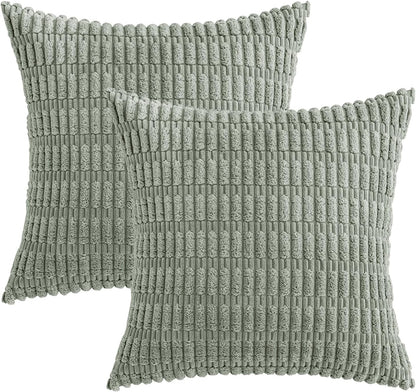 MIULEE Decorative Throw Pillow Covers - Soft Boho Striped Corduroy | Pack of 2, 12x12 Inch, Greyish Green