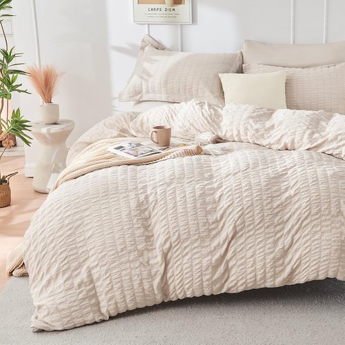 HYMOKEGE King Comforter Set - Beige Oversized 7-Piece Luxury Bedding Set | All-Season Seersucker Design