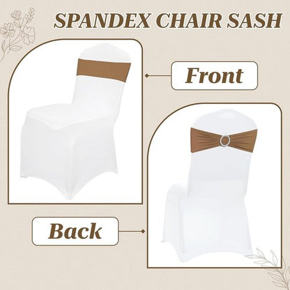 MDS Spandex Chair Sashes - 125 Pack of Elastic Stretch Bows with Buckle Slider for Wedding Decor - Mocha