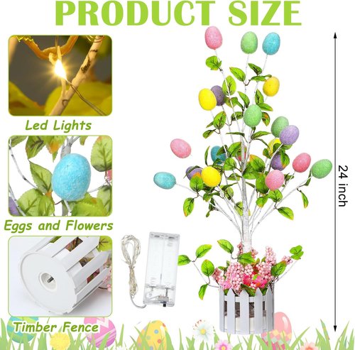 Glooglitter 24-Inch Tall Lighted Easter Egg Tree - LED Indoor Table Decoration for Spring Celebrations