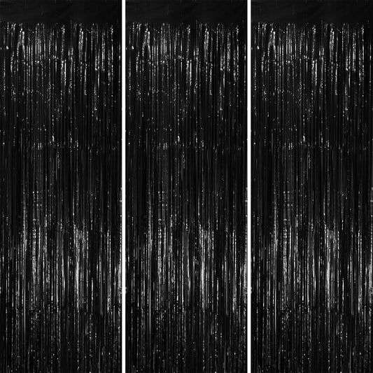 Voircoloria Black Foil Fringe Backdrop Curtains - 3 Pack Tinsel Streamers for Parties & Events | 3.3x8.2 Feet