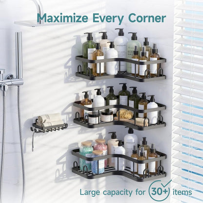Veken Corner Adhesive Shower Caddy 4-Pack with Soap Holder&Hooks,No Drilling Shower Shelves,Rustproof & Waterproof Bathroom Organizers and Storage,Rack for Small Spaces, Kitchen&Rental-Friendly,Black