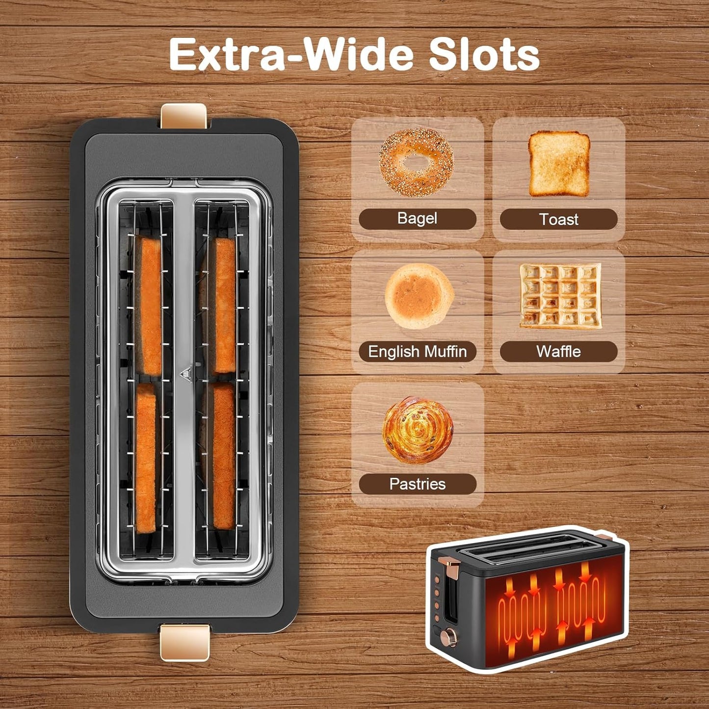 Mecity 4-Slice Long Slot Toaster - Extra Wide Slots, Warming Rack & 6 Browning Settings | Stainless Steel, Grey