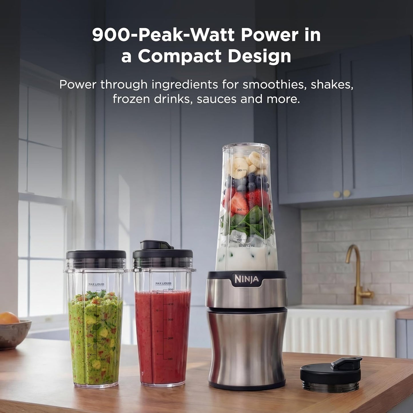 Ninja Nutri-Plus Personal Blender - Compact Push-To-Blend for Smoothies & Frozen Drinks | 3 To-Go Cups & Lids | 900 Peak Watts | Silver | BN301