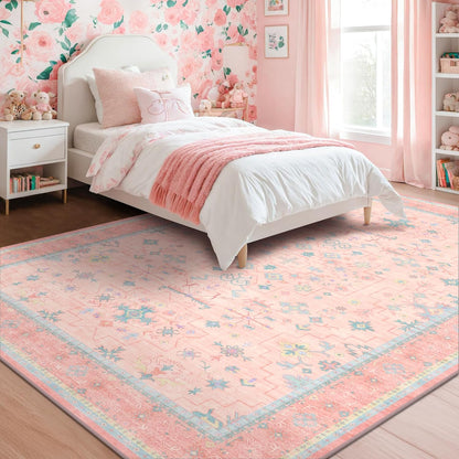 Oushak Rugs | Washable Pink & Blue 9x12 Living Room Rug | Modern Floral Design, Soft Faux Wool