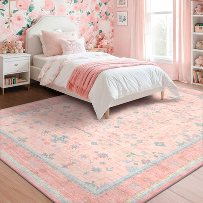 Washable Pink and Blue 6x9 Oushak Rugs for Bedroom Girls, Living Room Kids Playroom Nursery Room, Modern Floral Distressed Design, Soft Faux Wool Low Pile Non Slip Stain Resistance Carpet