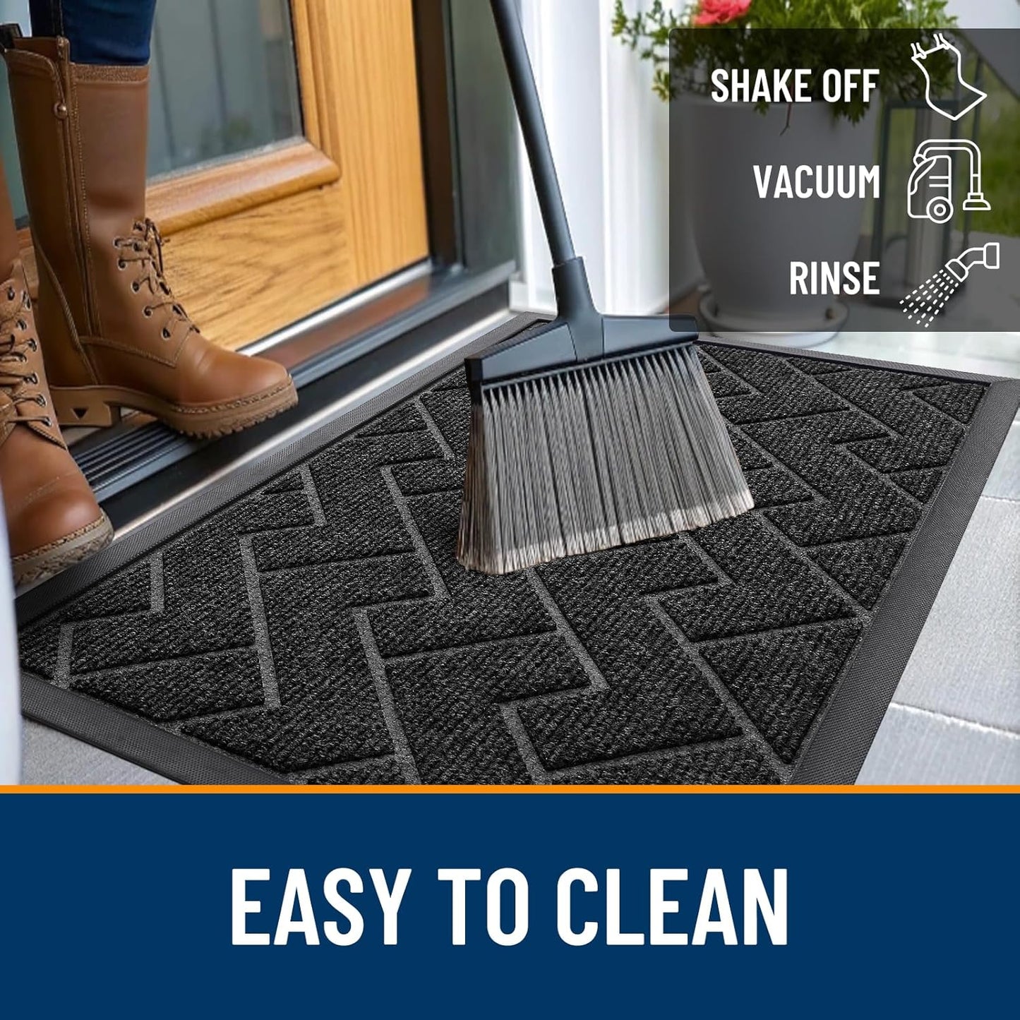 OLANLY Indoor Outdoor Front Door Mat - Waterproof All-Weather Doormat, Easy Clean Herringbone Design (Black, 59x35)